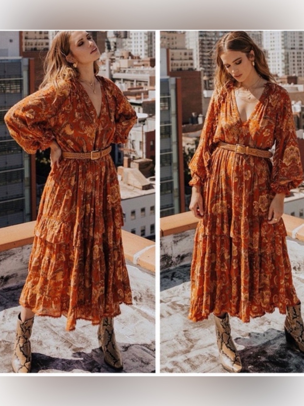 Spell & The Gypsy Aurora Boho Dress Midi Size M Burnt Ember Rust Paisley Hippie